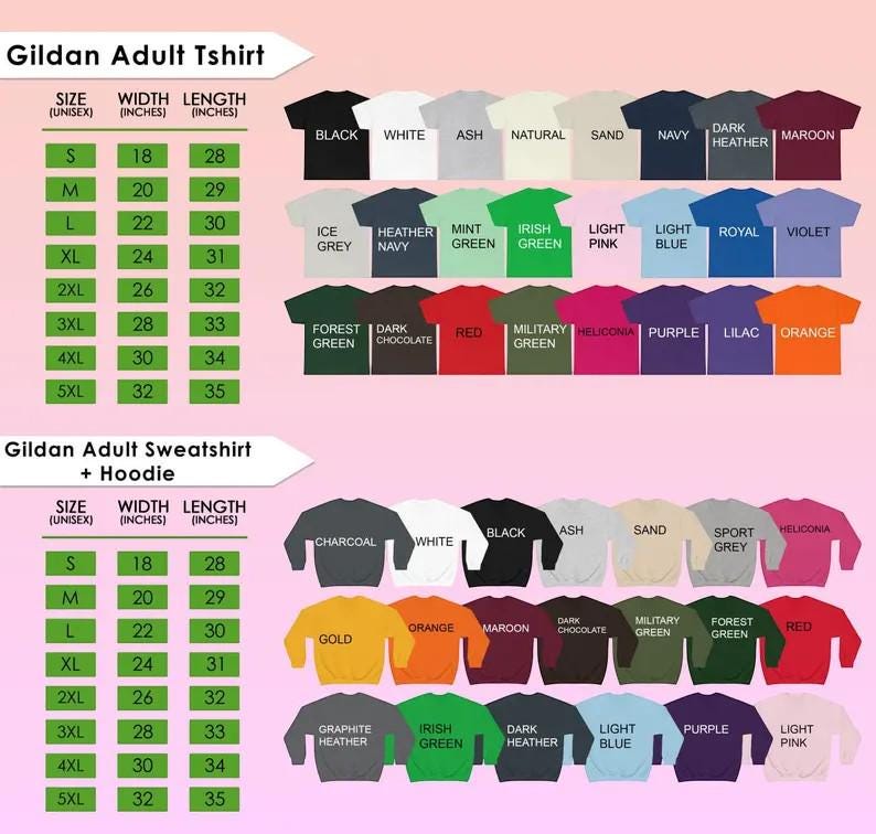 May include: A product catalog featuring Gildan adult t-shirts and sweatshirts with hoodies. The t-shirts and sweatshirts are available in various colors, including black, white, navy, and red. Size charts are provided, with widths ranging from 18 to 32 inches and lengths from 28 to 35 inches.