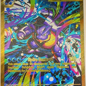 May include: A holographic Mega Blastoise EX trading card with a gold border. The card features a purple and blue character in a dynamic pose surrounded by colorful, swirling energy effects. Text includes Mega Blastoise EX, 360 HP, and Hydro Bombard.
