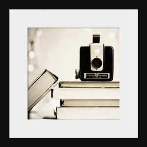 Black & White Photograph, Still life, photo Camera Print: Vintage Joy Fine Art Photography Vintage Books and Camera Vintage Office Art image 2