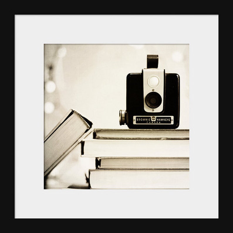Black & White Photograph, Still life, photo Camera Print: Vintage Joy Fine Art Photography Vintage Books and Camera Vintage Office Art image 2