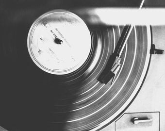 Record Player Photo Print: Black and White Vinyl Record Art