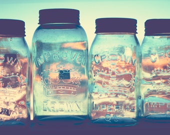 Vintage Glass Jars Photo: Fine Art Photography Farmhouse Still life Art Blue Kitchen Art Decor