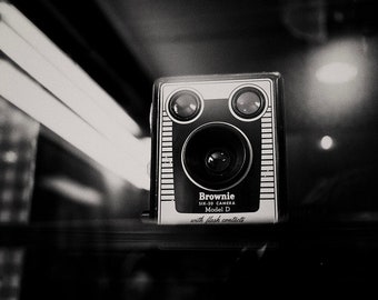 Camera Print Model D Brownie Fine Art Photography Still life Photo, Black and White photography Vintage camera print Office art