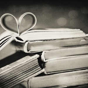 Black and White Photography: Vintage book love Fine Art Photography pages folded in heart shape friendship art print Still Life Books