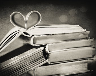 Black and White Photography: Vintage book love Fine Art Photography pages folded in heart shape friendship art print Still Life Books