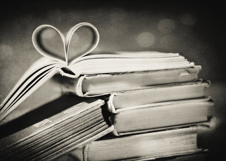 Black and White Photography: Vintage book love Fine Art Photography pages folded in heart shape friendship art print Still Life Books image 1