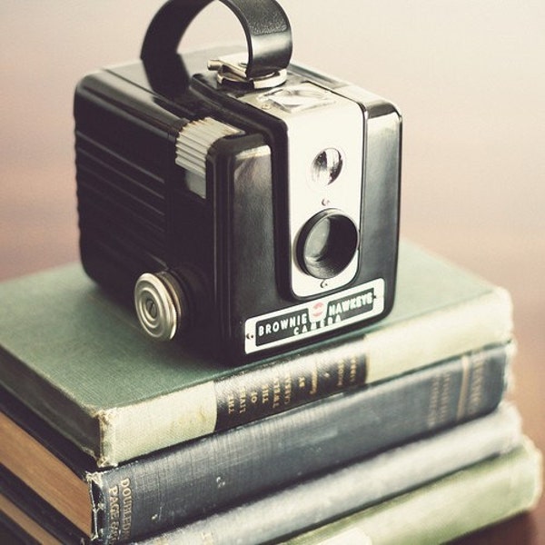 Vintage Camera Print: vintage books & kodak brownie Fine Art Photgraphy Still life Photography, Camera Art Print, Office art