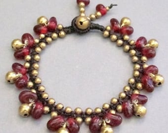 Red Glass Bead and Brass Bracelet