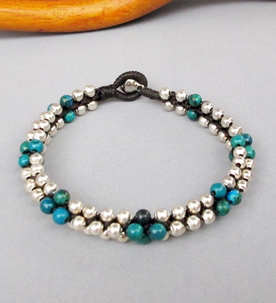Items similar to Chrysocolla Beaded with Silver Colour Bead Bracelet ...