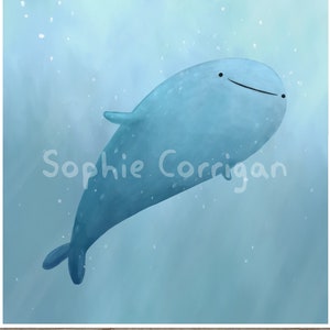 May include: A blue whale shark with a white smile swims in a light blue ocean with white bubbles. The text "Sophie Corrigan" is written in white below the whale shark.