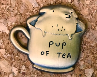 Pup of Tea 3D Die Cast Antique Gold Pin Badge