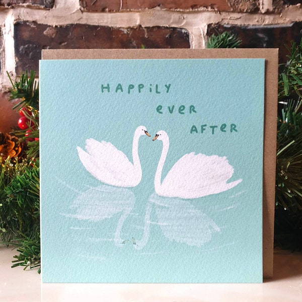 Happily Ever After Swan Lake Wedding Card - Cute Illustrated Classic Swimming Swans Bird Engagement Marriage Greeting