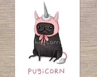 Pugicorn Black Pug Unicorn Hat Signed Fine Art Print