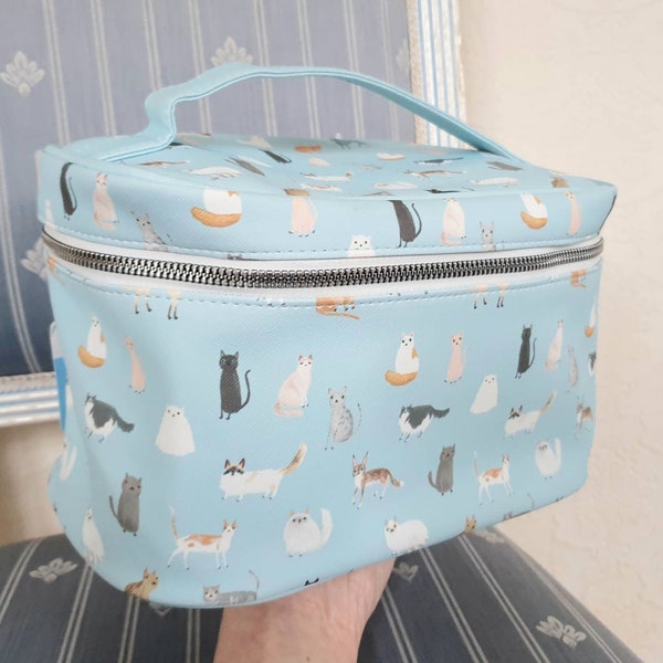 Quirky Cats Train Cosmetic Case - Cute Cat Zipped Blue Vanity Pouch - Cosmetic Bag - Funny Illustrated Cat Breeds