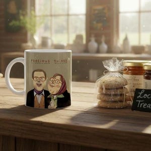 Peut inclure: Une tasse en céramique blanche avec une anse, ornée d'une illustration de dessin animé de deux personnes et du texte "PRECIOUS THINGS". La tasse est posée sur une surface en bois, avec des biscuits, des pots de confitures et une pancarte "Local Treats".