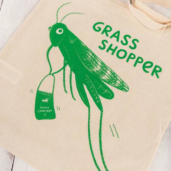 Grass Shopper  - Grasshopper Tote Bag - Eco-Friendly Shopping Bags - Cute Funny Insect Illustration - UK Worldwide Postage Sophie Corrigan