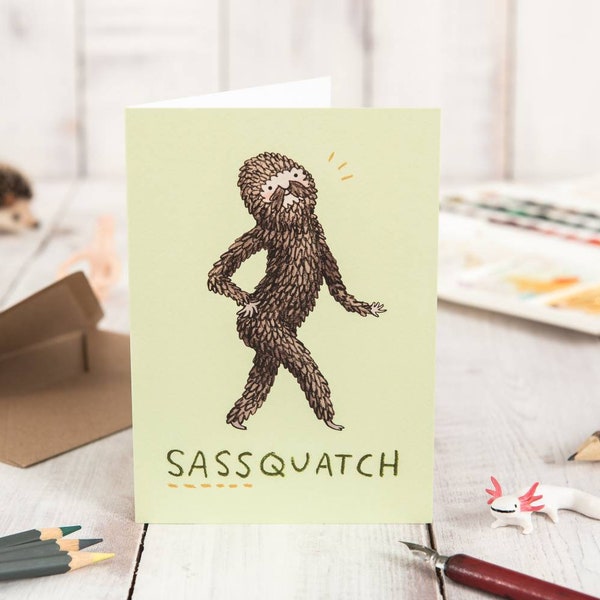 Sassquatch Card: Original Bigfoot Sasquatch Illustration, A6 Gesso Card