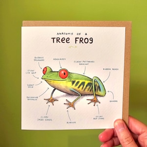 Anatomie van een boomkikker wenskaart - grappige schattige wetenschappelijke anatomische wilde dieren illustratie - UK Worldwide verzendkosten - Sophie Corrigan