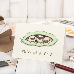 Carte Carlins dans une cosse - Chiens mignons Pois dans une cosse triplés Chiots Meilleurs amis