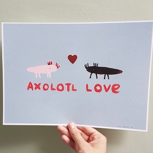 May include: A light blue card with a pink and black axolotl illustration. The axolotls are facing each other with a red heart between them. The text "AXOLOTL LOVE" is written in red below the axolotls.