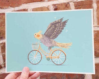 Cockatiel on a Bicycle Signed Art Print