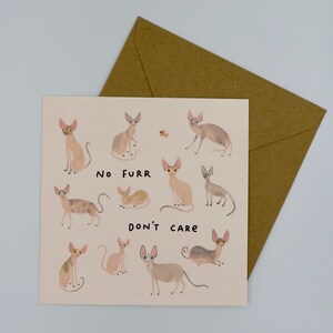 May include: A greeting card with a light pink background featuring a cartoon illustration of multiple hairless cats. The text "No Furr Don't Care" is printed in black on the card.