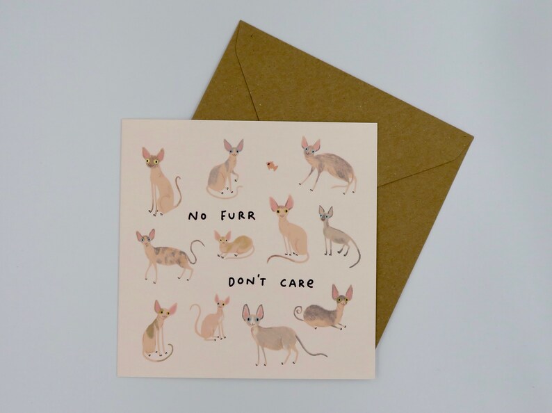 May include: A greeting card with a light pink background featuring a cartoon illustration of multiple hairless cats. The text "No Furr Don't Care" is printed in black on the card.