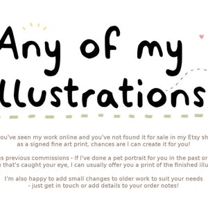 Könnte beinhalten: Eine Schwarzweißillustration mit dem Text "Any of my illustrations!" in einem verspielten, handgeschriebenen Stil. Der Text ist von einer gestrichelten Linie und einem kleinen Schmetterling mit einem rosa Herzen darüber umgeben. Der Text unter der Illustration erklärt, dass die Künstlerin kundenspezifische Illustrationen auf der Grundlage früherer Arbeiten erstellen kann.