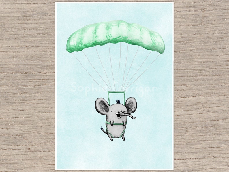 Cutie Parachuting Elephant Signed Art Print