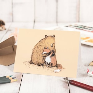 Grizzly Hugs Bär und Fuchs Hugging Karte - Bär Hugging Karte Geburtstag Valentinstag Entschuldigung Mitgefühl Adoptierte Unterstützung Beste Freunde