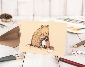 Grizzly Hugs Bear And Fox Hugging Card - Bear Hug Birthday Valentines Apology Sympathy Adopted Support Best Friends