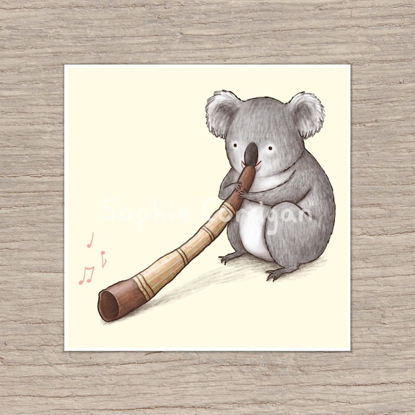 Koala grająca na didgeridoo, podpisany wydruk artystyczny