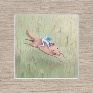 Blue Pixie Riding a Tiny Dog Signed Fine Art Print