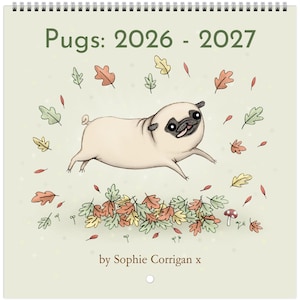 Op de afbeelding: Een spiraalgebonden wandkalender met de titel Pugs: 2026 - 2027 door Sophie Corrigan x. De omslag toont een lichtgekleurde mopshond die over een hoop kleurrijke herfstbladeren springt op een lichtgroene achtergrond, met verspreide bladeren en een paddenstoel.