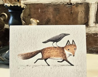 Volpe e Corvo; Cavalluccio - Biglietto di auguri illustrato con grazioso uccello e corvo