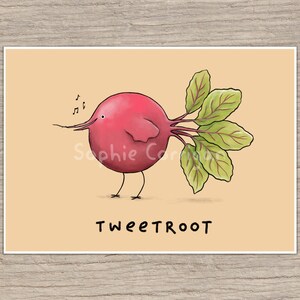 Op de afbeelding: Een cartoon biet met groene bladeren en een snavel die zingt met muzieknoten boven zijn hoofd. De tekst "TWEETROOT" staat onder de biet.
