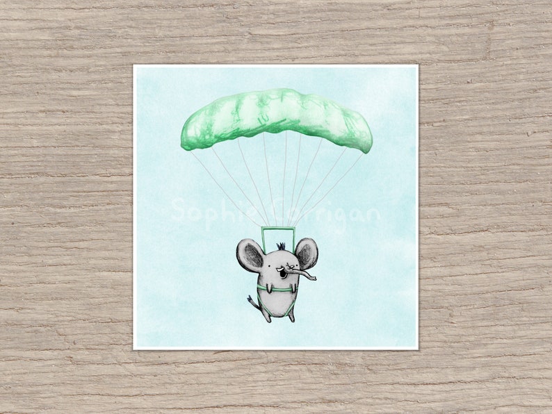 Cutie Parachuting Elephant Signed Art Print