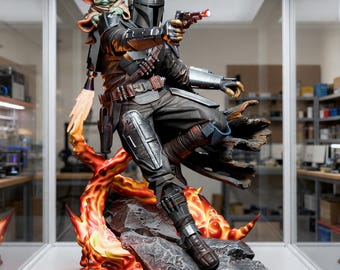 Mandalorian Star Wars | Blaster Combat STL Statue With Grogu Companion | 3D Print Model | Digital STL File