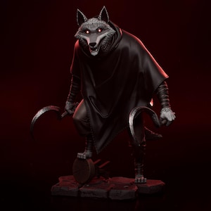 May include: A grey wolf figurine with glowing red eyes, wearing a black hooded cloak and wrapped arm bandages. The wolf stands on a dark stone base, holding two curved silver sickles in its hands, with one foot resting on a small wooden log.