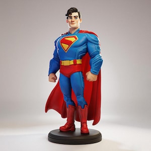 May include: A stylized figurine of a superhero wearing a blue suit with textured shoulder and arm details, a red cape, red boots, and a yellow belt. The chest features a yellow and red shield emblem. The figure stands on a circular black base.