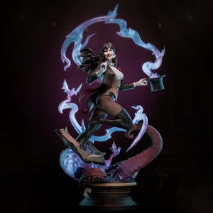 May include: A detailed figurine of a magician character wearing a black tailcoat, white shirt, and fishnet stockings. The figure holds a wand and a top hat, surrounded by swirling blue magical energy, a large open book, and a textured tentacle base.