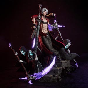 May include: A detailed collectible figurine of a silver-haired character in a red coat and black pants, holding a large sword and a pistol. The character is surrounded by two hooded skeletal figures holding staves with glowing purple flames.