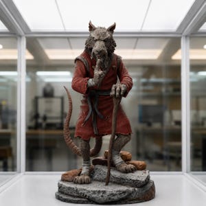 May include: A detailed anthropomorphic rat figurine standing on a stone and brick base. The figure wears a textured red robe with a dark sash, has a long tail, and holds a wooden staff. One hand is raised in a shushing gesture near its face.