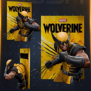 May include: A wall poster featuring a Marvel Wolverine character bust with a yellow and black suit, mask, and extended metal claws. The poster displays the text Marvel Wolverine in bold black letters against a textured yellow background.