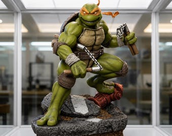 Michelangelo Fanart STL Statue + Bust | 1/6 Scale | Dual Nunchaku Battle Pose on Street Base | 3D STL Print File Model Download