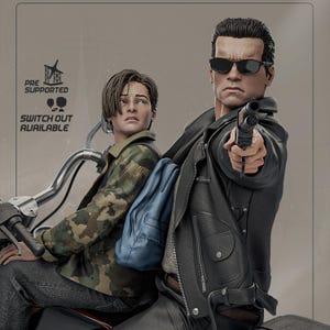 Puede incluir: Un set de figuras detalladas con un personaje en chaqueta de cuero negra y gafas de sol sosteniendo una escopeta, sentado en una motocicleta junto a otro personaje con chaqueta de camuflaje y mochila azul. El texto dice PRE SUPPORTED.