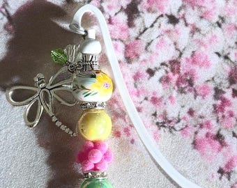 Beaded Bookmark, Dragonfly Charm, Rondelle and Crystal Charm