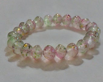 10mm ブルーピンク クラックルガラスビーズブレスレット マルチカラー