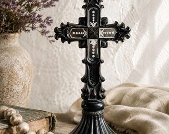 Etched Mirror Standing Cross – 11” Dark Bronze Vintage Altar Cross, Old-World Glass-Inlay Devotional Decor