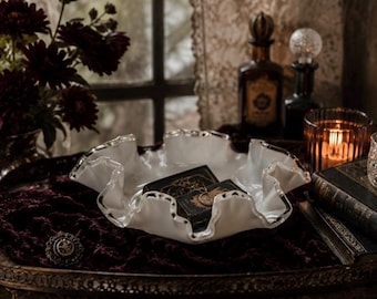 Moonlight Milk Glass Ruffle Bowl | Vintage Fenton Silver Crest Gothic Cottage Decor